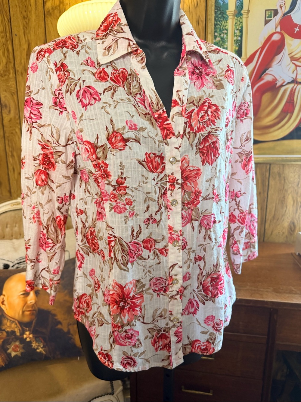Karen Scott 100% Cotton Floral Button-Down Shirt